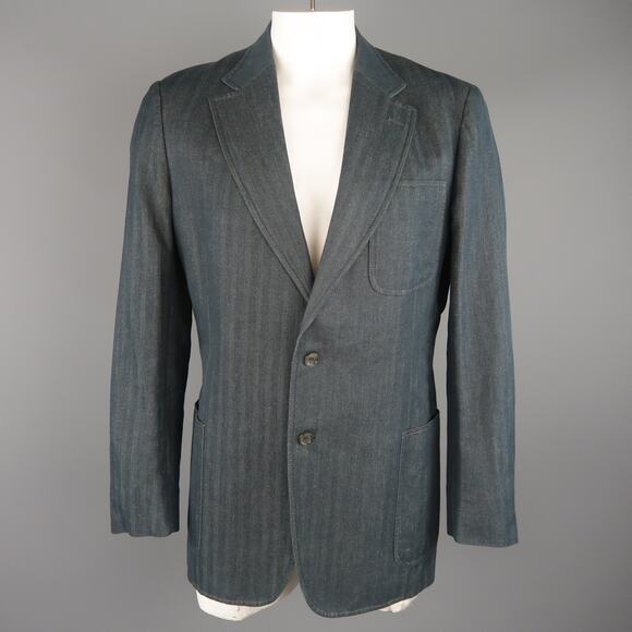 VERSACE COLLECTION 46 Long Indigo Herringbone Cotton / Linen Sport Coat - Picture 1 of 7
